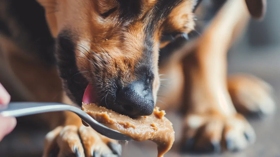 A dog licking peanut butter off a spoon or a dog's paw with a smear of peanut butter