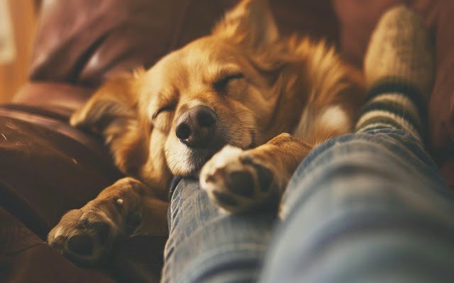 a dog sleeping peacefully between their owner's legs