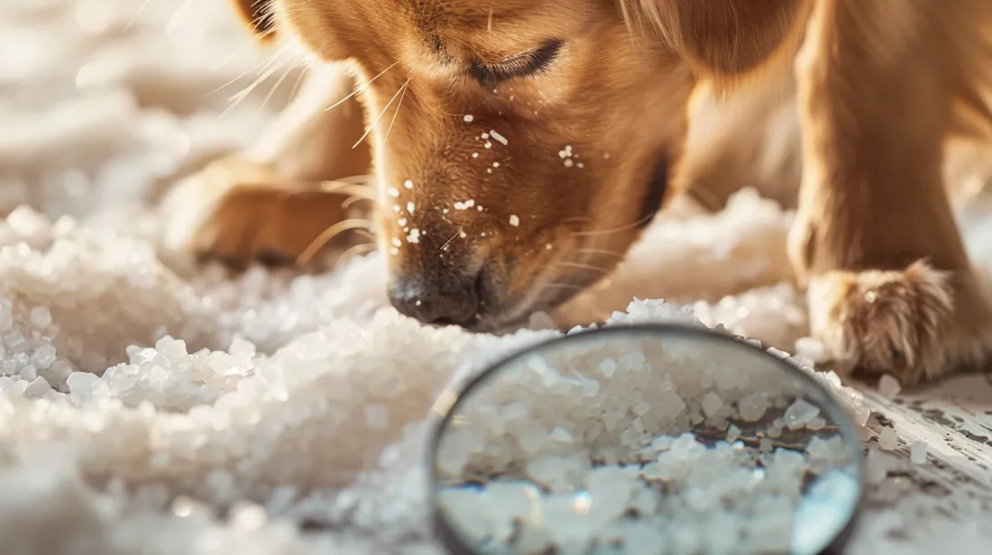 a dog's kibble with a magnifying glass highlighting salt crystals