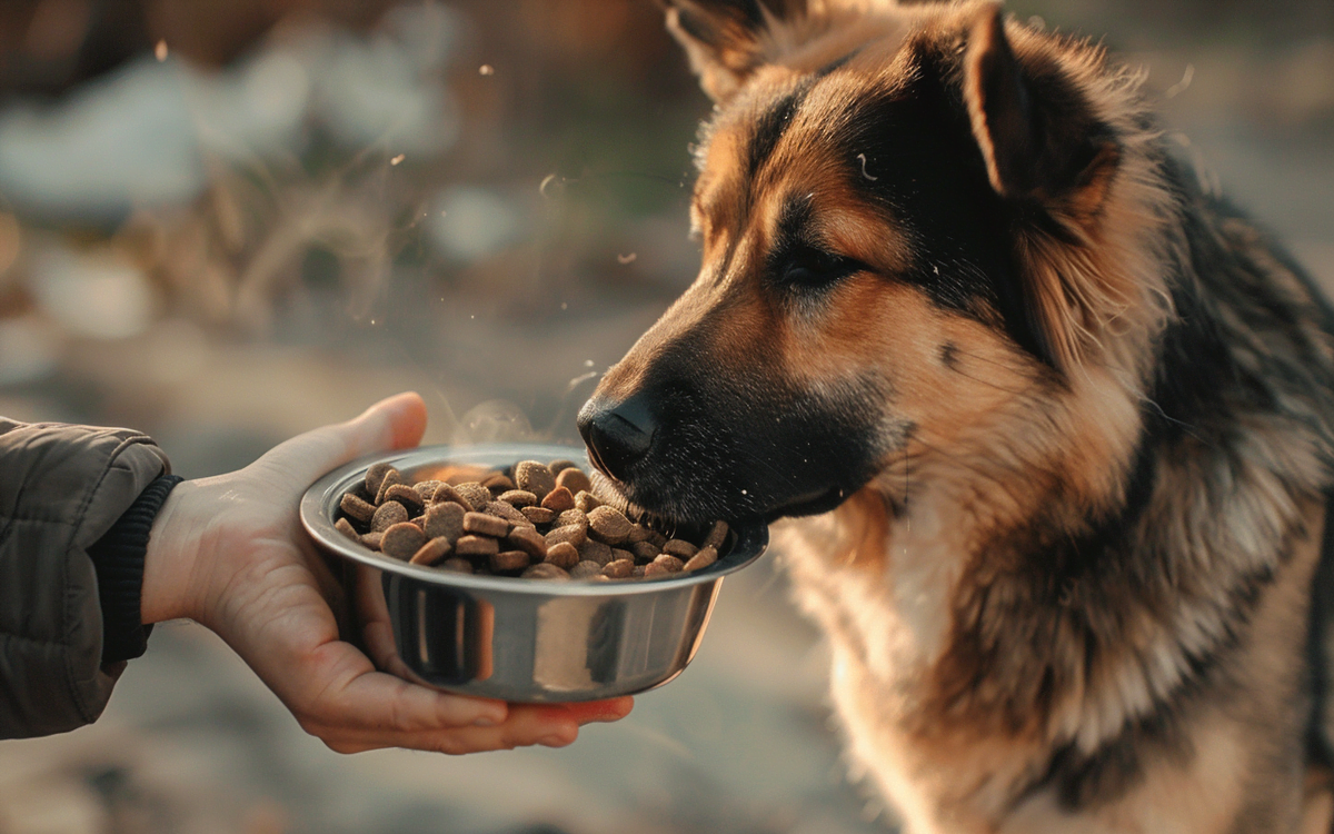 a person feeding a dog food