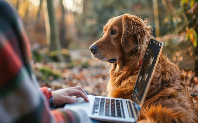 A person watches dog training using a laptop