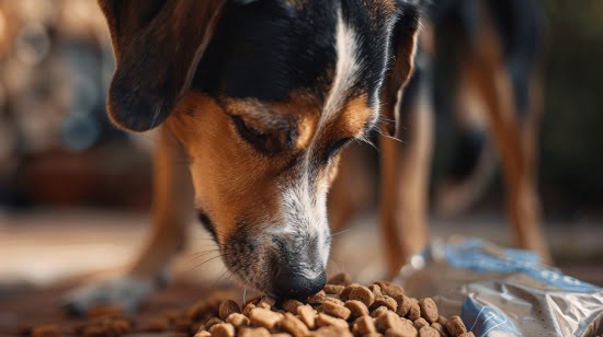 dog curiously sniffing a bag of dog food