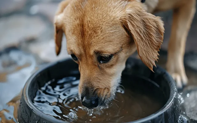 dog drinking water from a bowl