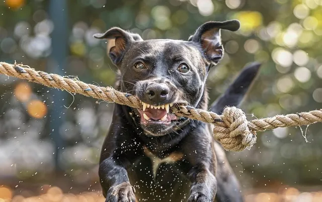 illustration: dog enthusiastically playing tugofwar with a rope toy