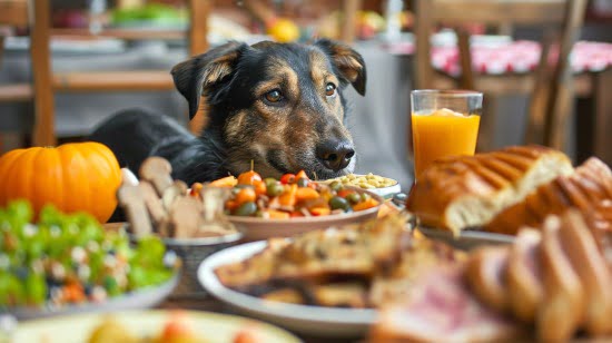 dog looking up at a table full of human food