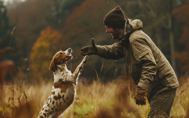 An owner and a hunting dog playfully interacting during a game