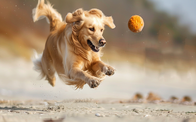 A dog leaping for a fetch toy midair