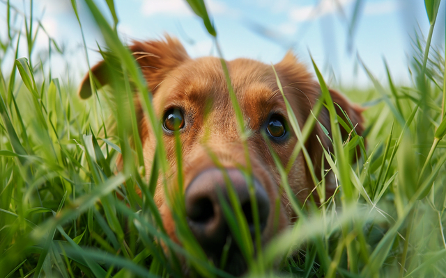 A dog eagerly sniffing in tall grass
