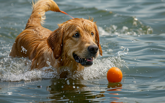 A dog confidently retrieving an object from the water using a floating line