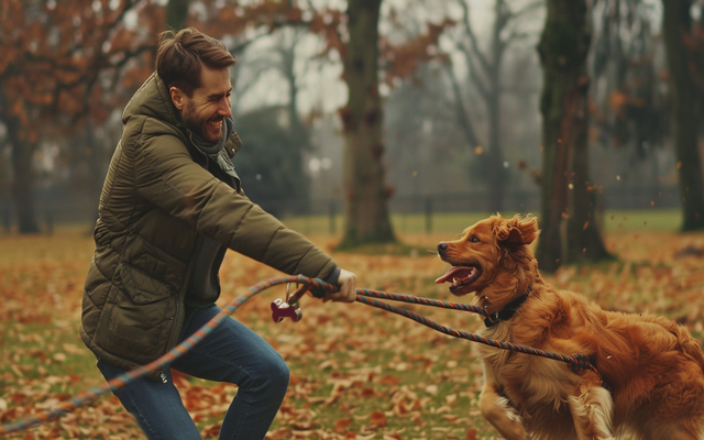 A dog and owner laughing while playing tug-of-war in a park