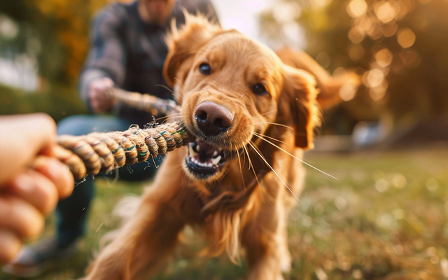 A close-up of a dog and owner engaged in a friendly tug-of-war match