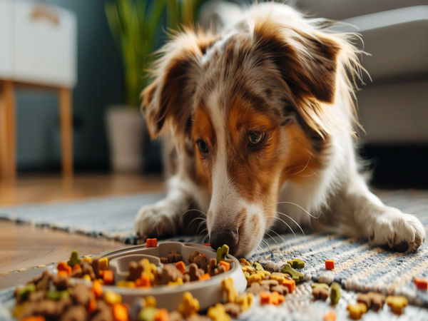 A dog focused intensely on working out a food puzzle toy