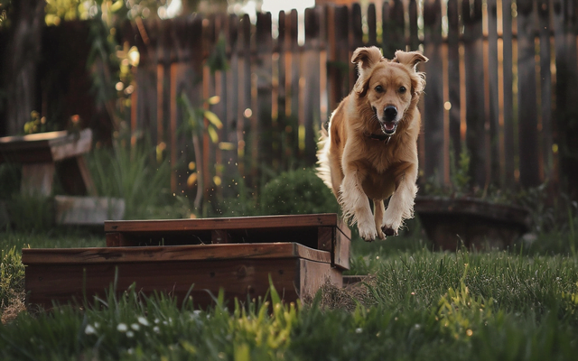 A dog proudly clearing a makeshift jump in the backyard