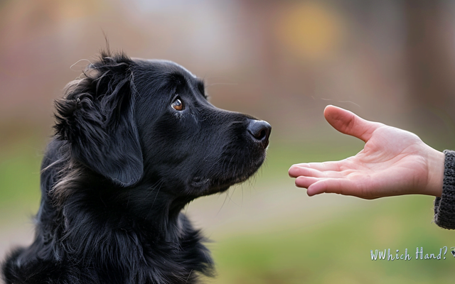 A dog looking intently at its owner's closed hand, focused on the "Which Hand?" game