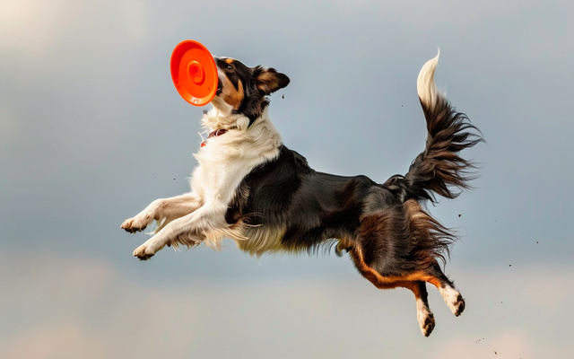 A dog leaping joyfully in the air to catch a frisbee