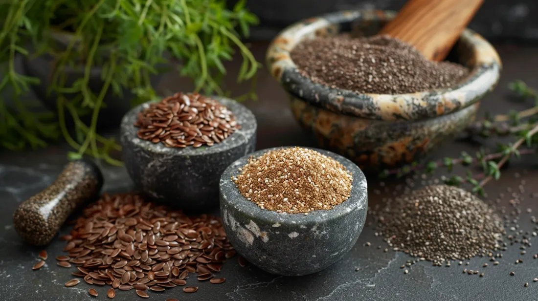 ground flaxseeds and chia seeds next to whole seeds