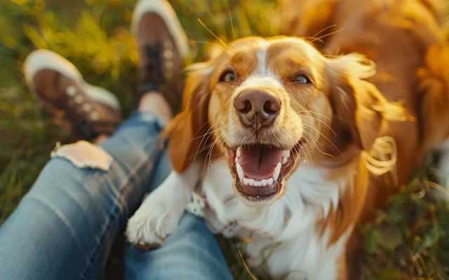 Healthy, happy dog playing with its owner