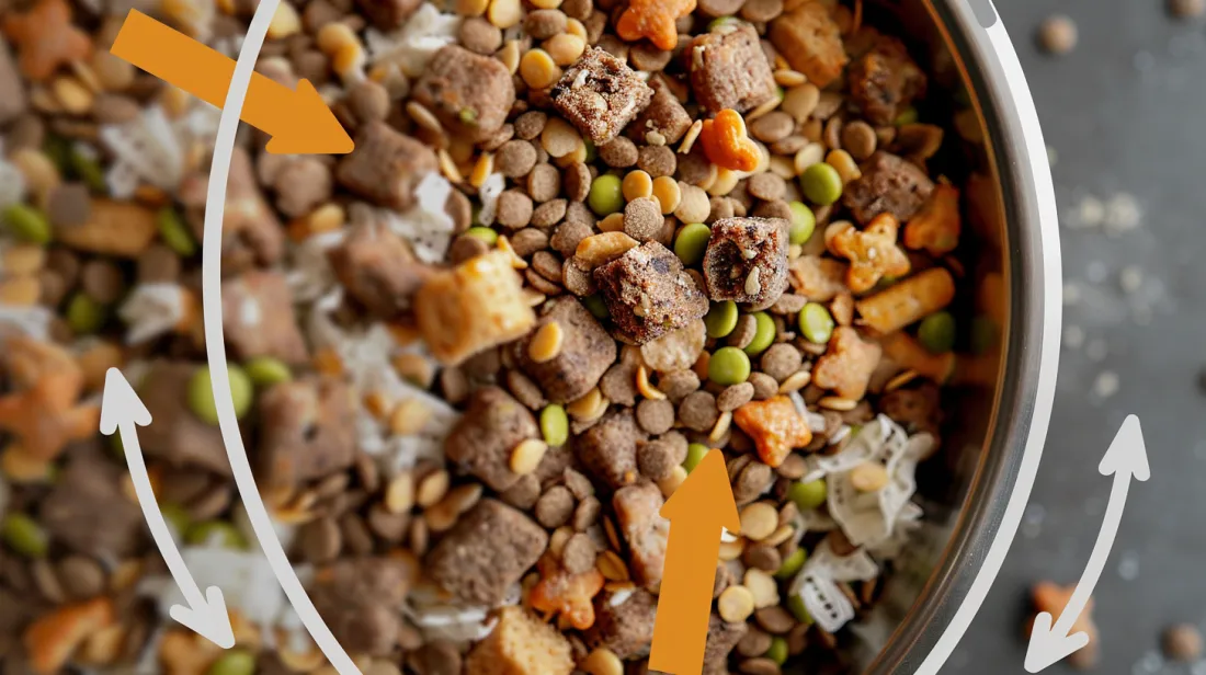 Puppy food with arrows pointing to different ingredients and their function