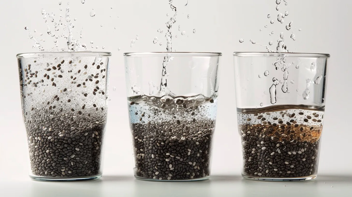 showing chia seeds soaking in water and gradually forming a gel