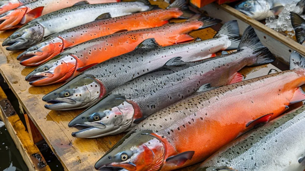 various salmon types Atlantic, Chinook, Coho, Sockeye