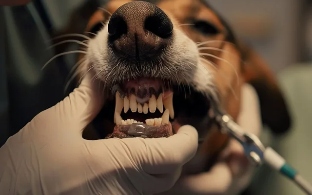veterinarian checking a dog's teeth