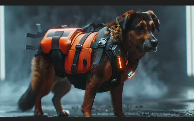A dog with a therapy vest for a futuristic spin