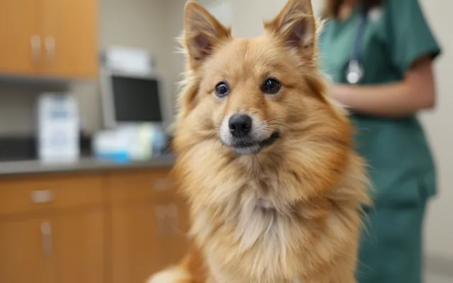 A Finnish Spitz at the vet's office