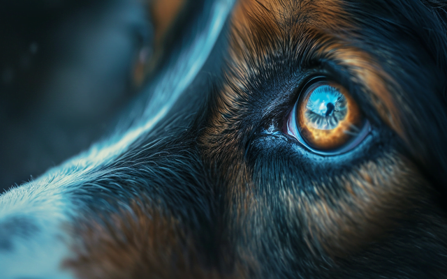 A close-up photo of a dog's eye with a caption highlighting the tapetum lucidum, a reflective layer that enhances night vision