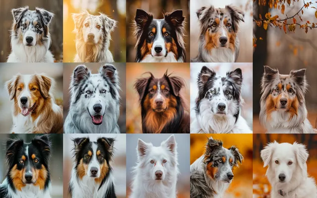 A collage of Australian Shepherds showcasing different coat colors and patterns