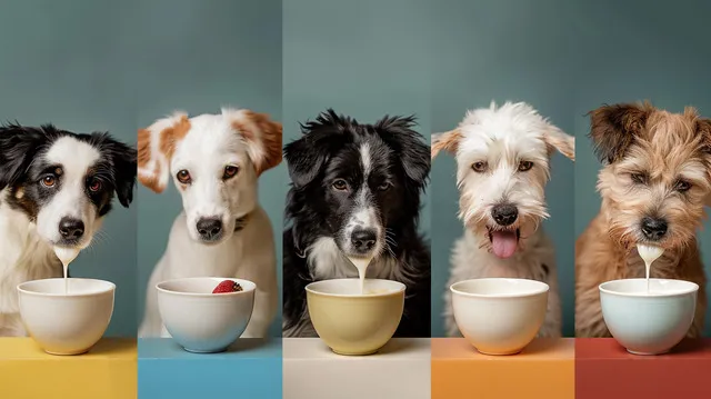 A collage of different dog enjoying goat's milk