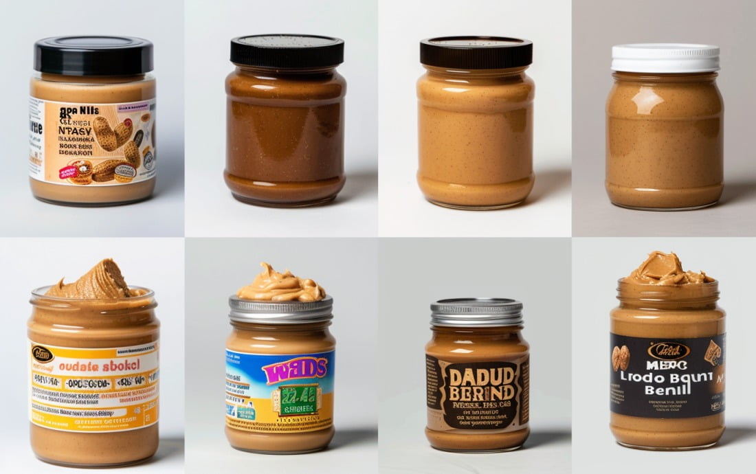 A collage of different peanut butters brands listed below