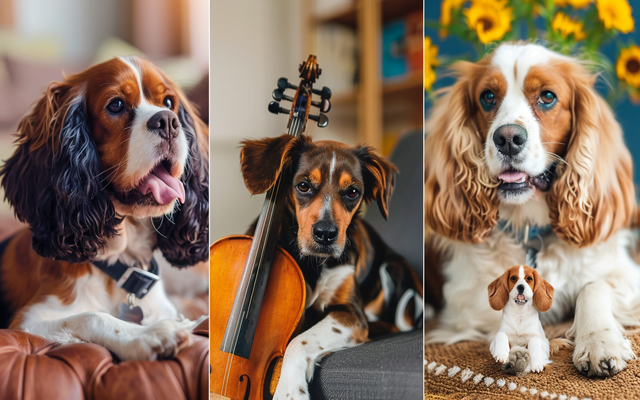 A collage of images showcasing different genres of music that dogs may enjoy, such as classical, reggae, and specially composed music.