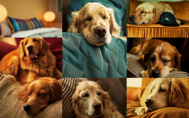 A collage of images showing dogs in various states of relaxation and well-being, with calming music playing in the background.