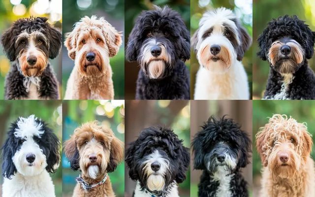 A collage showing the variety of Aussiedoodle coat types and colors