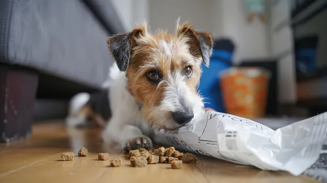 A curious dog sniffing a bag of dog food