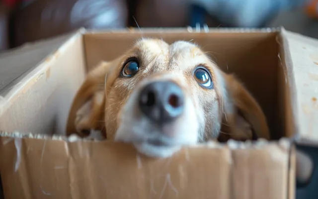 A dog excitedly sniffing out a hidden treat in a cardboard box