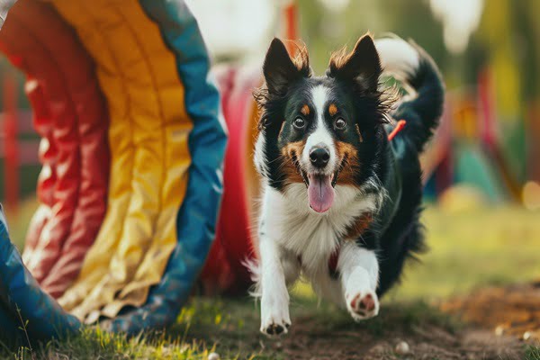 A dog happily navigating an agility course, showcasing a variety of obstacles