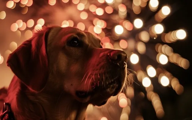 Illustration: A dog is calmly listening to fireworks