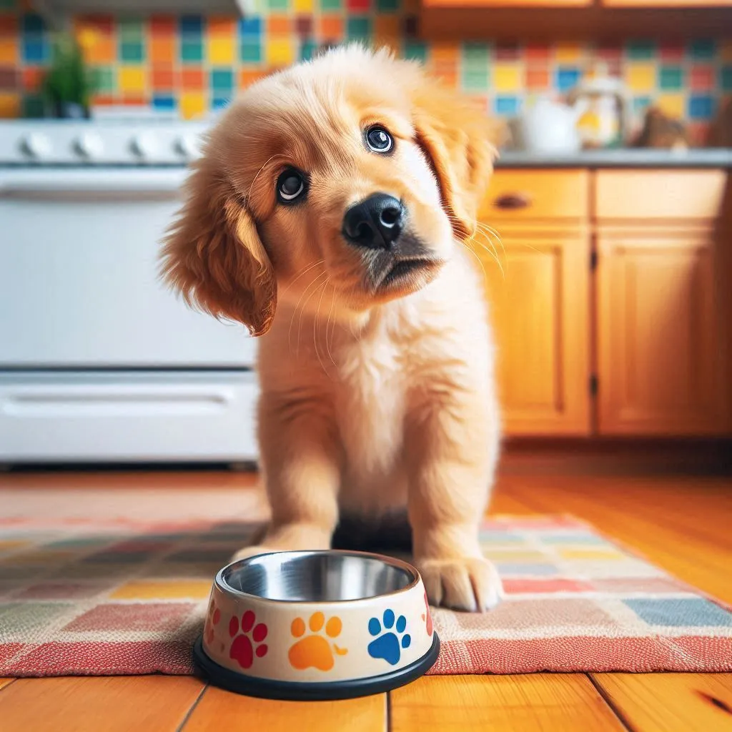 A dog is confused by an empty food bowl