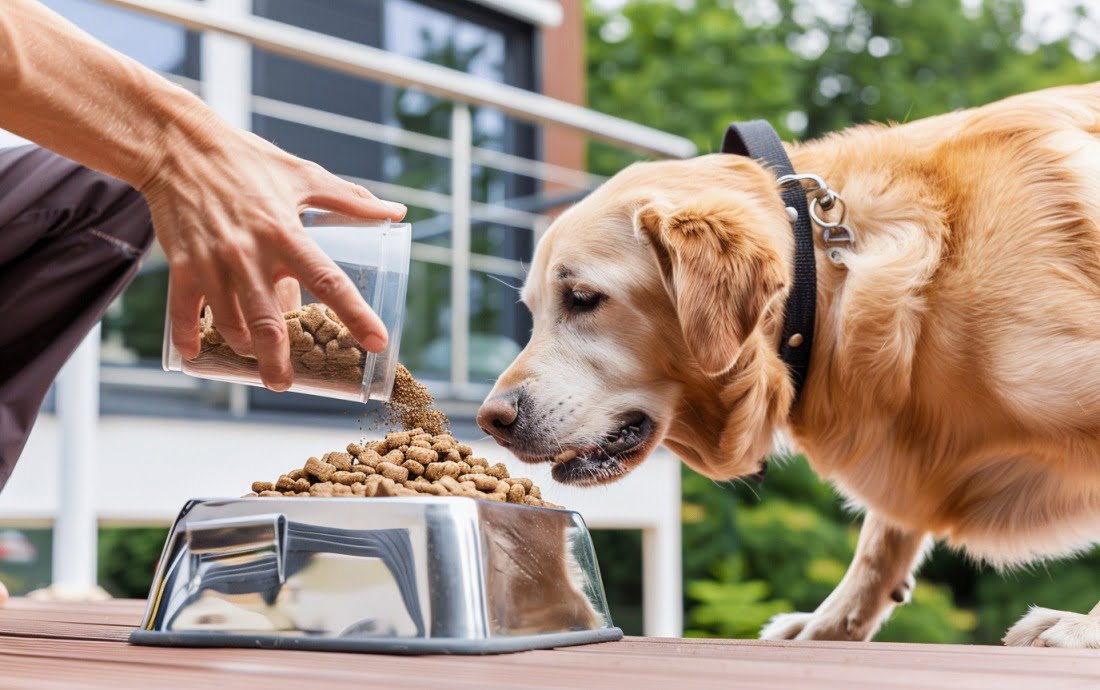 A dog owner pouring dry dog food into a bowl.