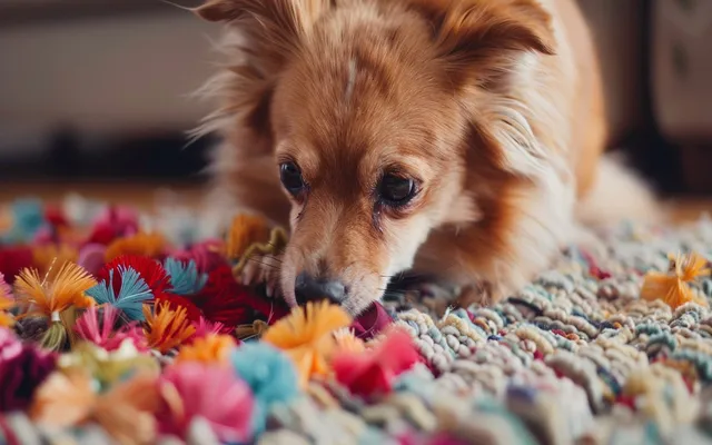 A dog playing with a snuffle mat