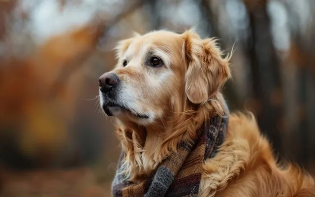 A dog wearing a scarf looks calm and relaxed
