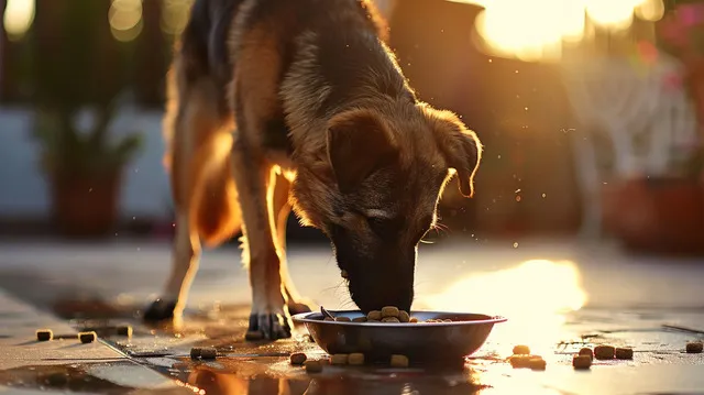 A happy and healthy dog enjoying a meal