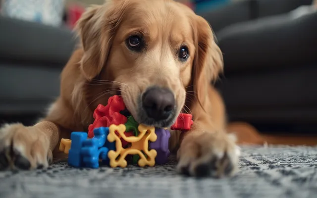 A happy, engaged dog playing with a puzzle toy
