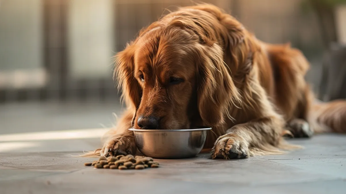 A healthy, active dog with a shiny coat enjoying a bowl of high-protein food
