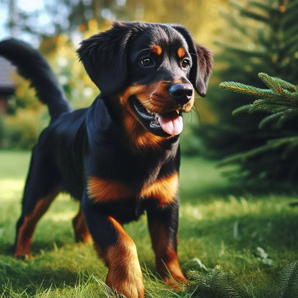 A healthy dog ​​with shiny fur is playing on the grass