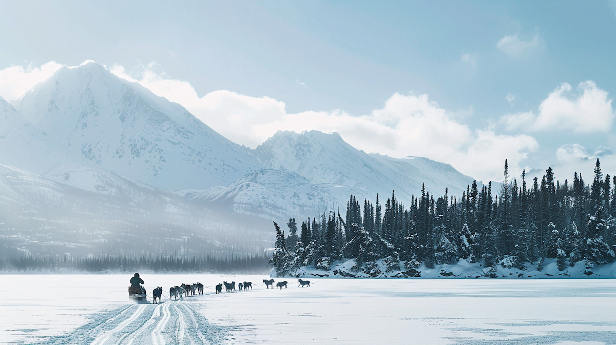 A panoramic shot of a snowy Alaskan landscape with a team of sled dogs in the foreground