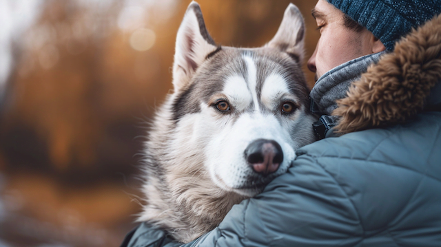 A person holding his Alaskan dog