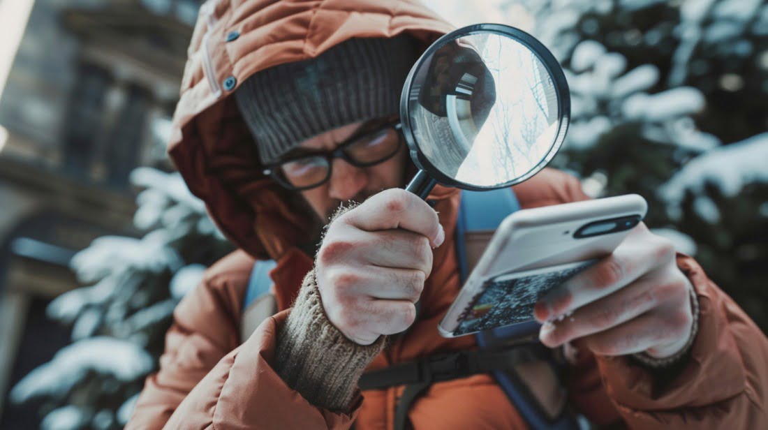 A person in an explorer outfit holding a magnifying glass over a phone screen, with DoorDash promotions visible