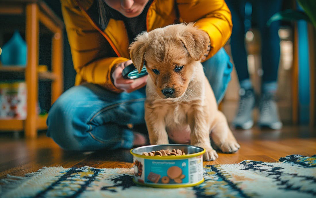 A person kneeling beside a puppy, reading a dog food label, with a magnifying glass overlay on the label's ingredients